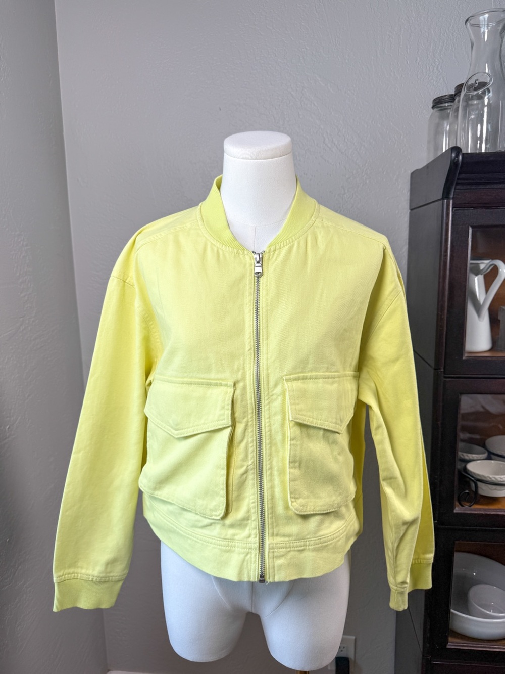 Nicole Miller New York Yellow Cotton Utility Bomber Jacket Zip Front Size S